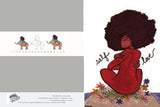 This is a 5.75"x8" notebook.  It has a hundred lined pages and velvet smooth cover. The image is a woman of color with an afro hugging herself. The image wording reads "self love" 