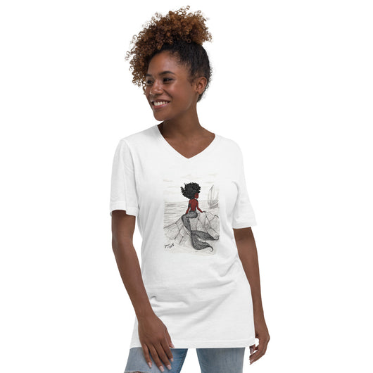 Black N White Mermaid Unisex Short Sleeve V-Neck T-Shirt